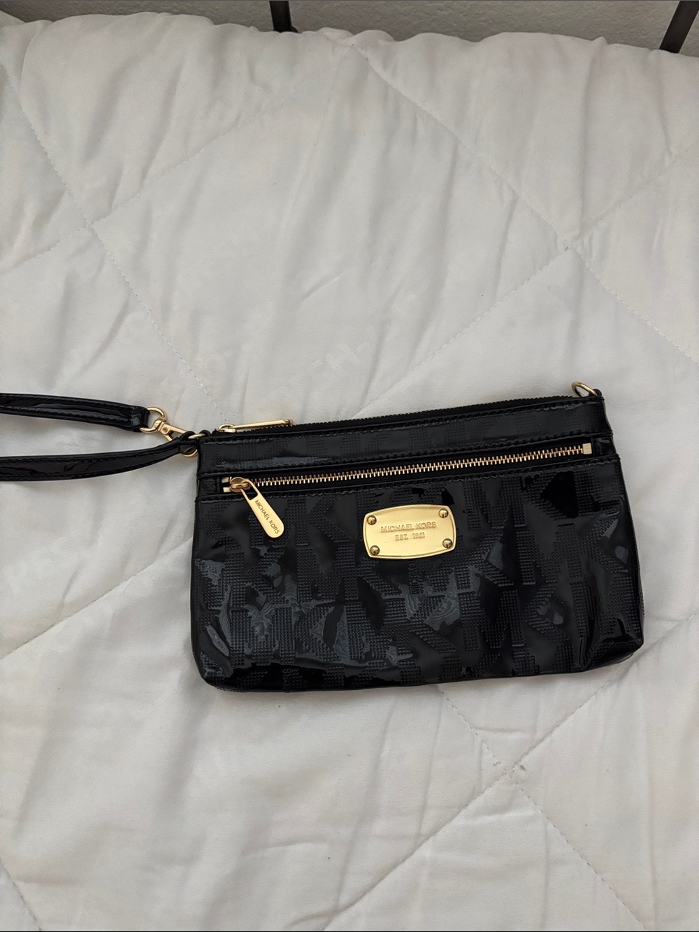Michael Kors Black Patent Wristlet Clutch with Gold Hardware